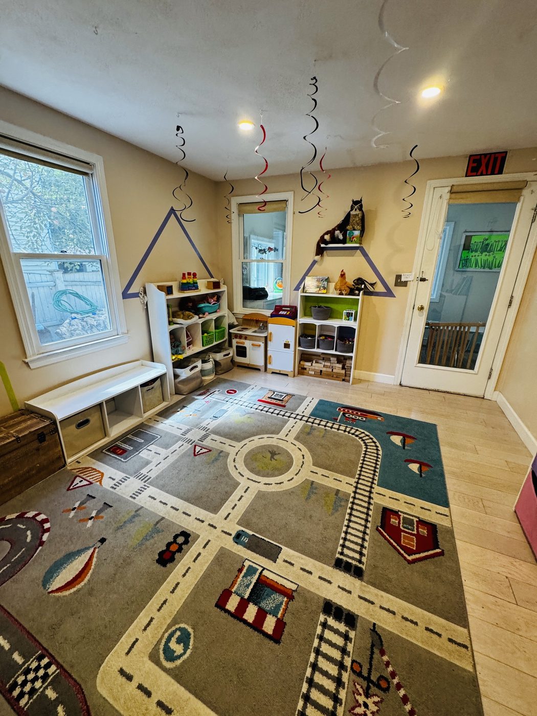 Playroom with shelves, toys, and reading area